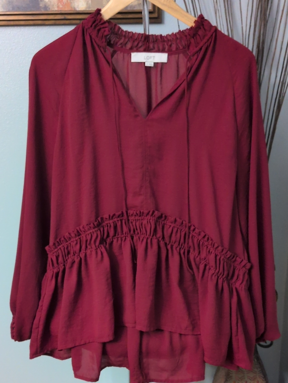 LOFT Burgundy Ruffle Peplum Hobo Long-Sleeve Blouse